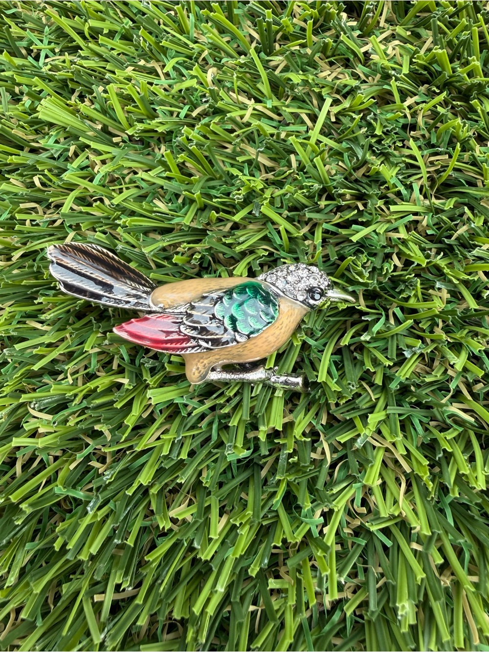 Decorative Bird Brooch - Multicolor Enamel & Crystal Accent